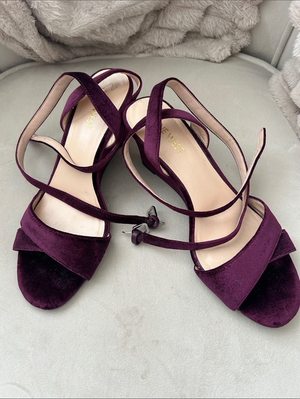 Nine West Plum Velvet Strappy Block-Heel Sandals